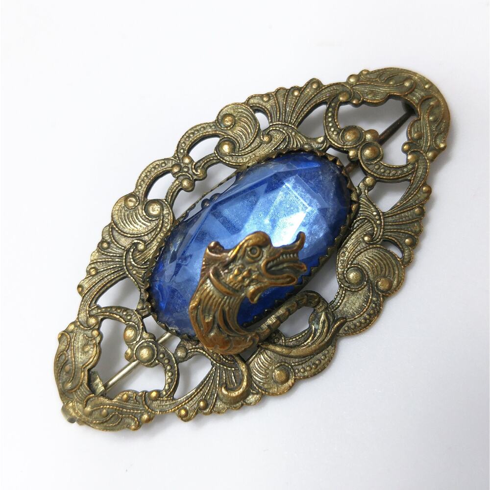 Antique Art Nouveau Brass Dragon Brooch Blue Glass Jewel Open C Clasp 1910s